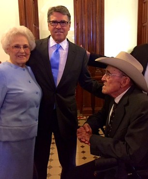 Former Governor Rick Perry and his parents Amelia and Ray Perry in the Capitol at Austin, TX.